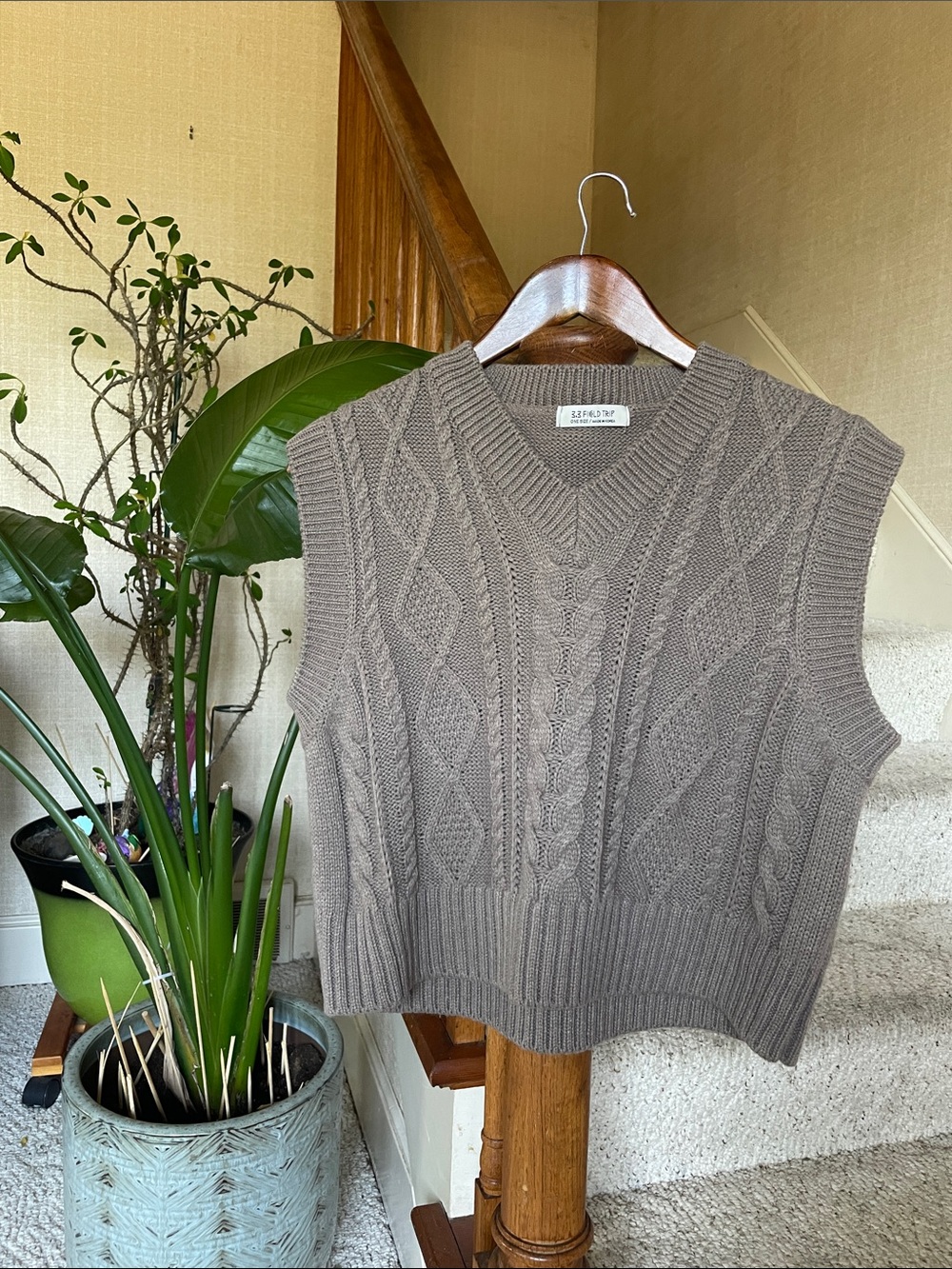 3.3 Field Trip Cable Knit V-Neck Sweater Vest in Taupe